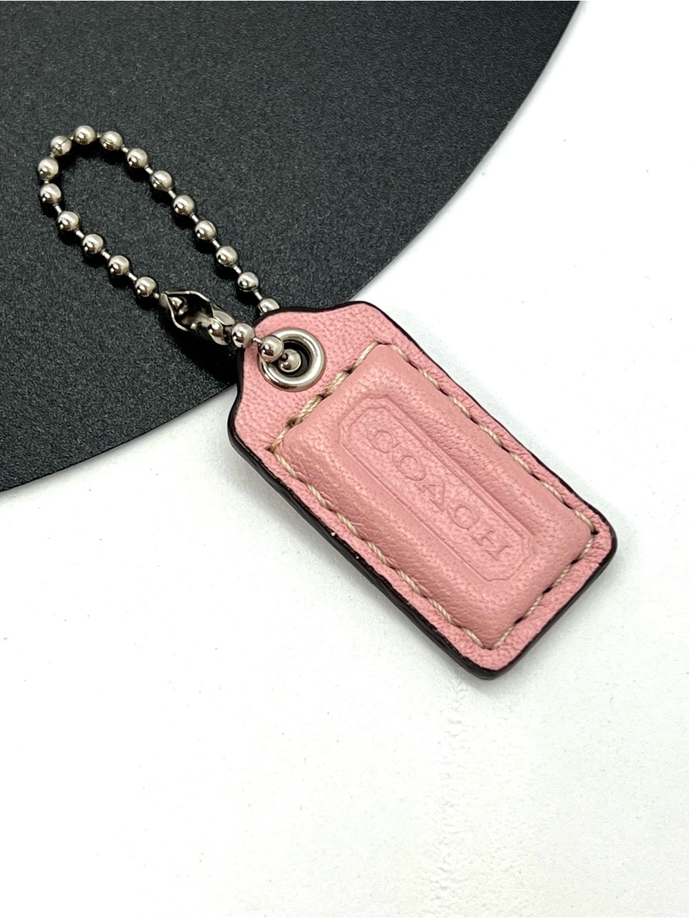 Coach Pink Leather Mini Hang Tag Keychain with Silver Ball Chain